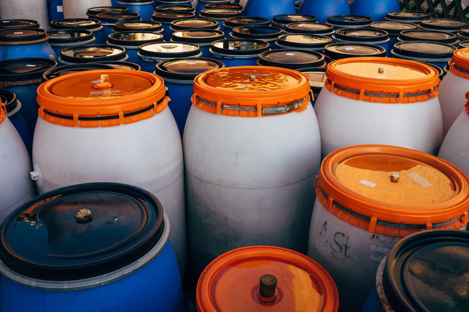 Sealed industrial packaging drums of the type covered by UN dangerous goods testing